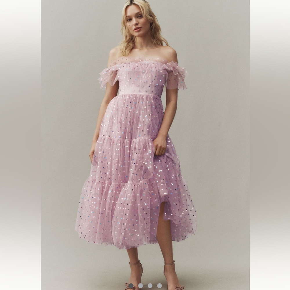 BHLDN Light  Pink Cecilia Glitter Off-Shoulder Midi Dress (See 2nd picture) - Picture 1 of 5